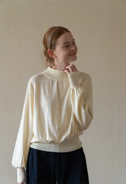 High Neck Pleated Detail Woolen Knit Sweater