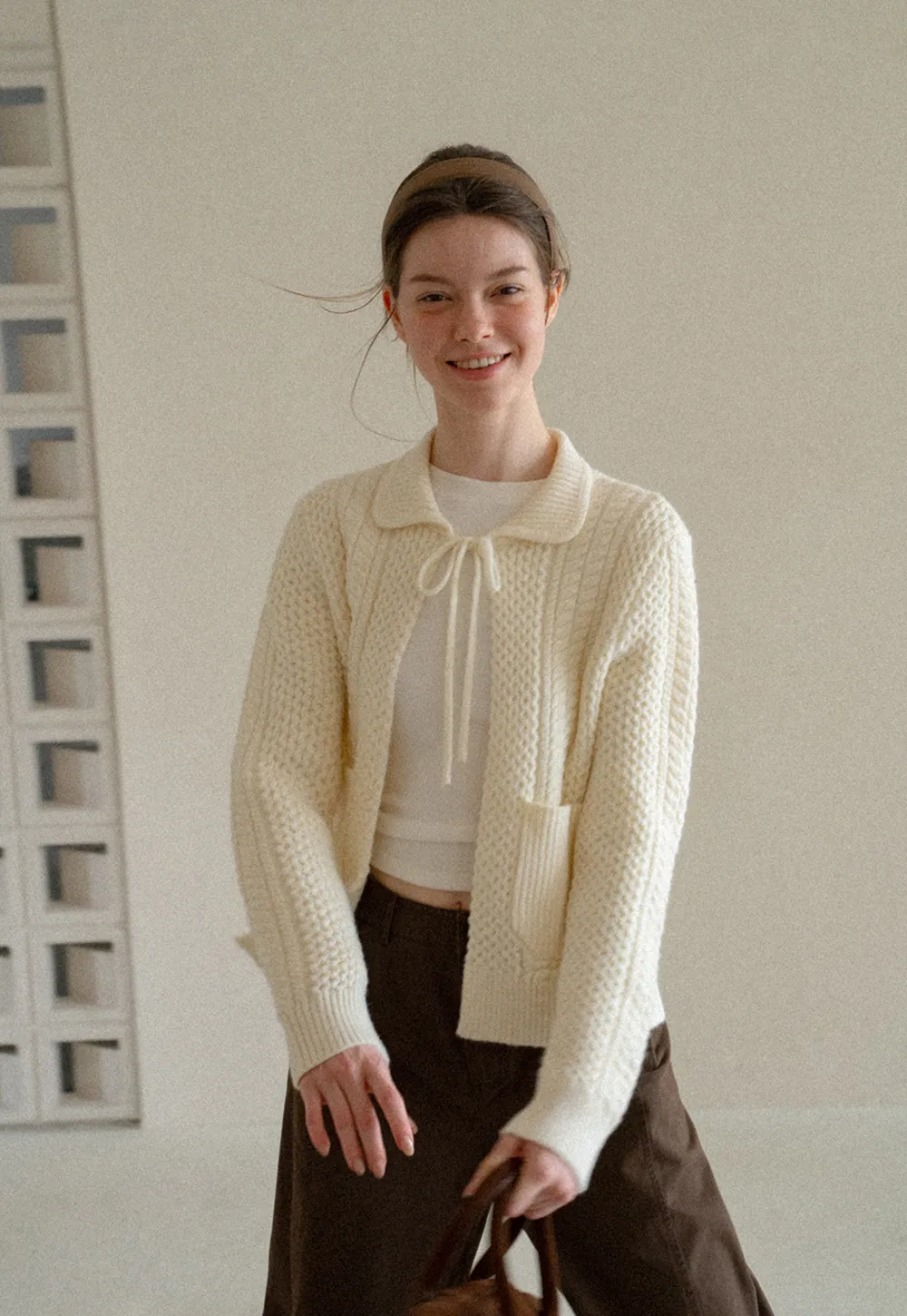 Cropped Collar Knit Sweater with Drawstring Detail