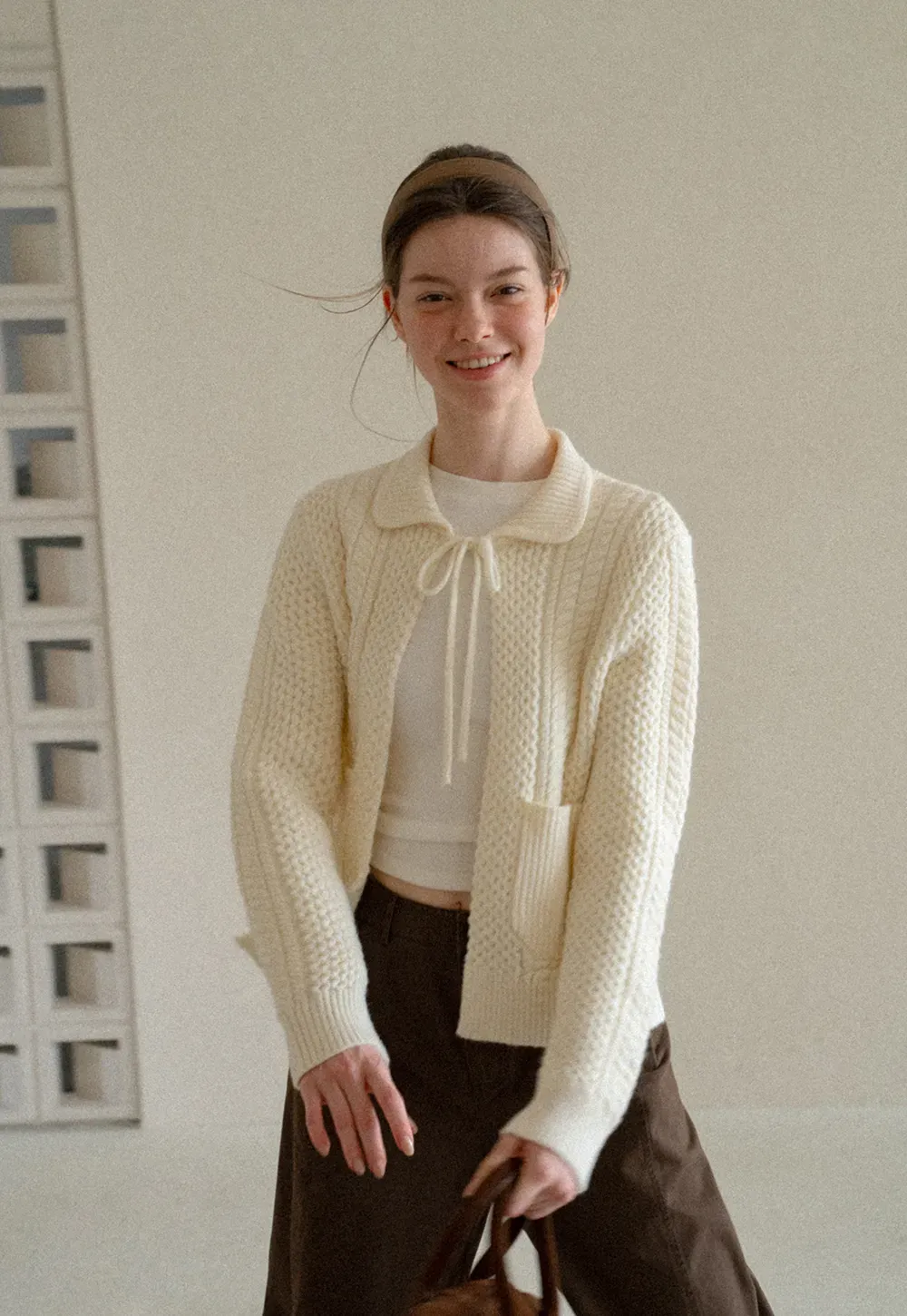 Cropped Collar Knit Sweater with Drawstring Detail