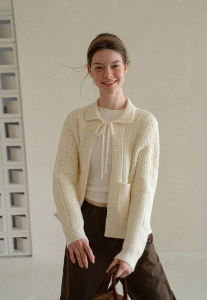 Cropped Collar Knit Sweater with Drawstring Detail