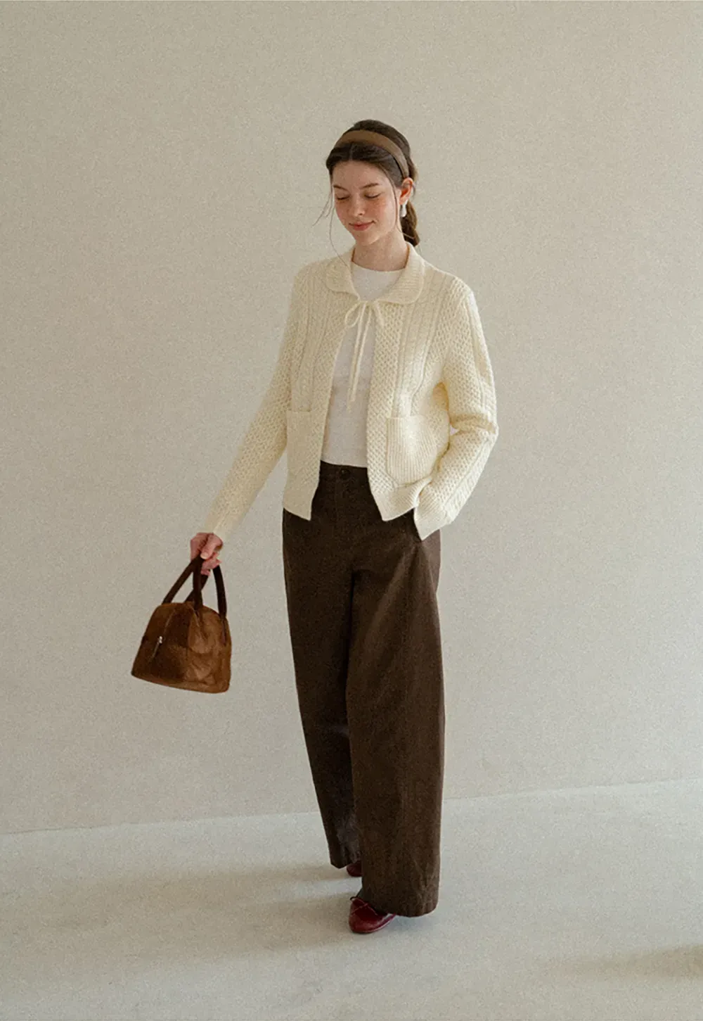 Cropped Collar Knit Sweater with Drawstring Detail