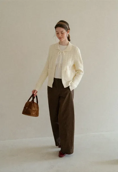 Cropped Collar Knit Sweater with Drawstring Detail