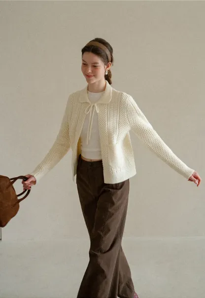 Cropped Collar Knit Sweater with Drawstring Detail