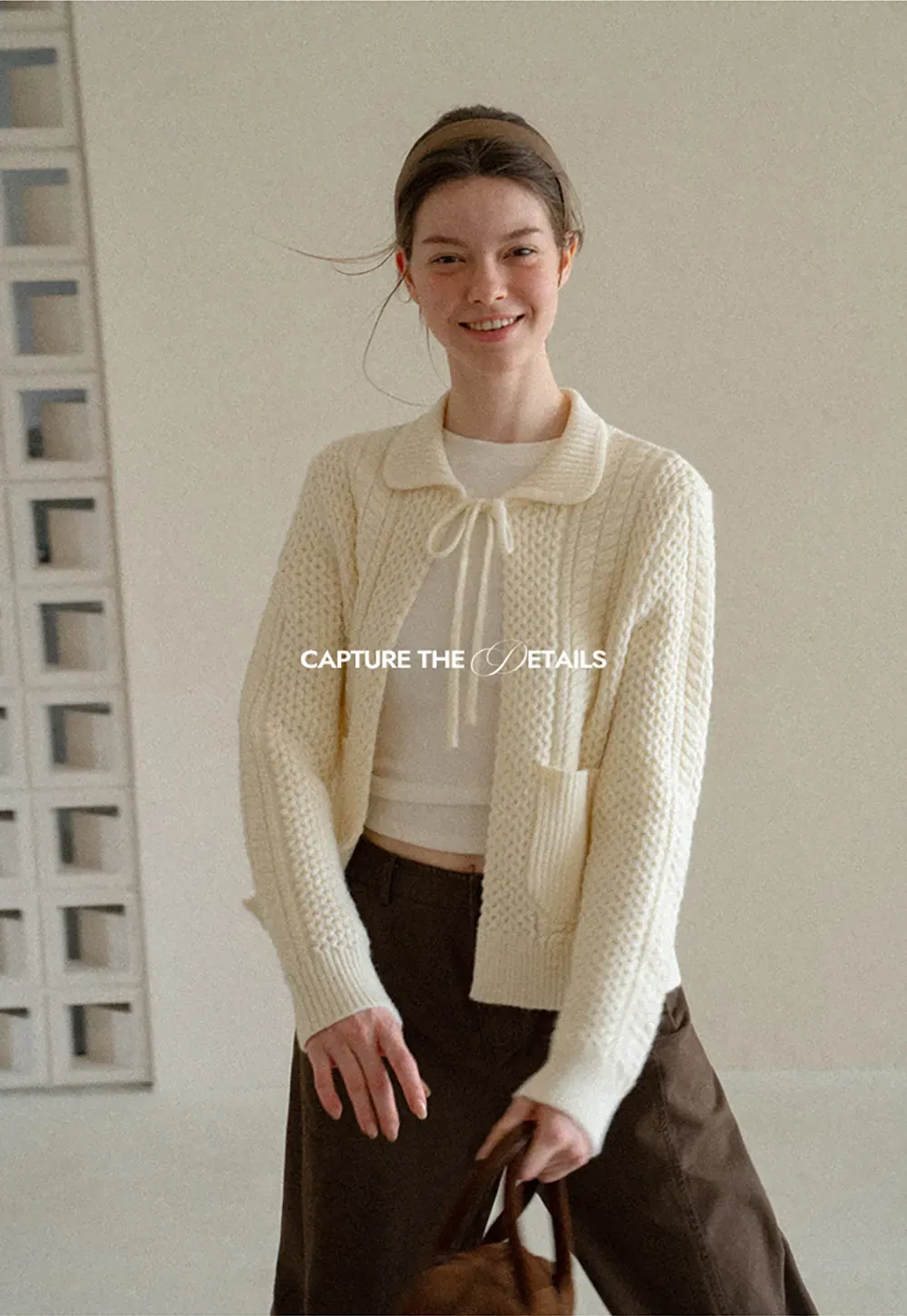 Cropped Collar Knit Sweater with Drawstring Detail