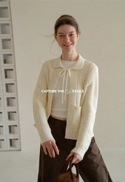 Cropped Collar Knit Sweater with Drawstring Detail