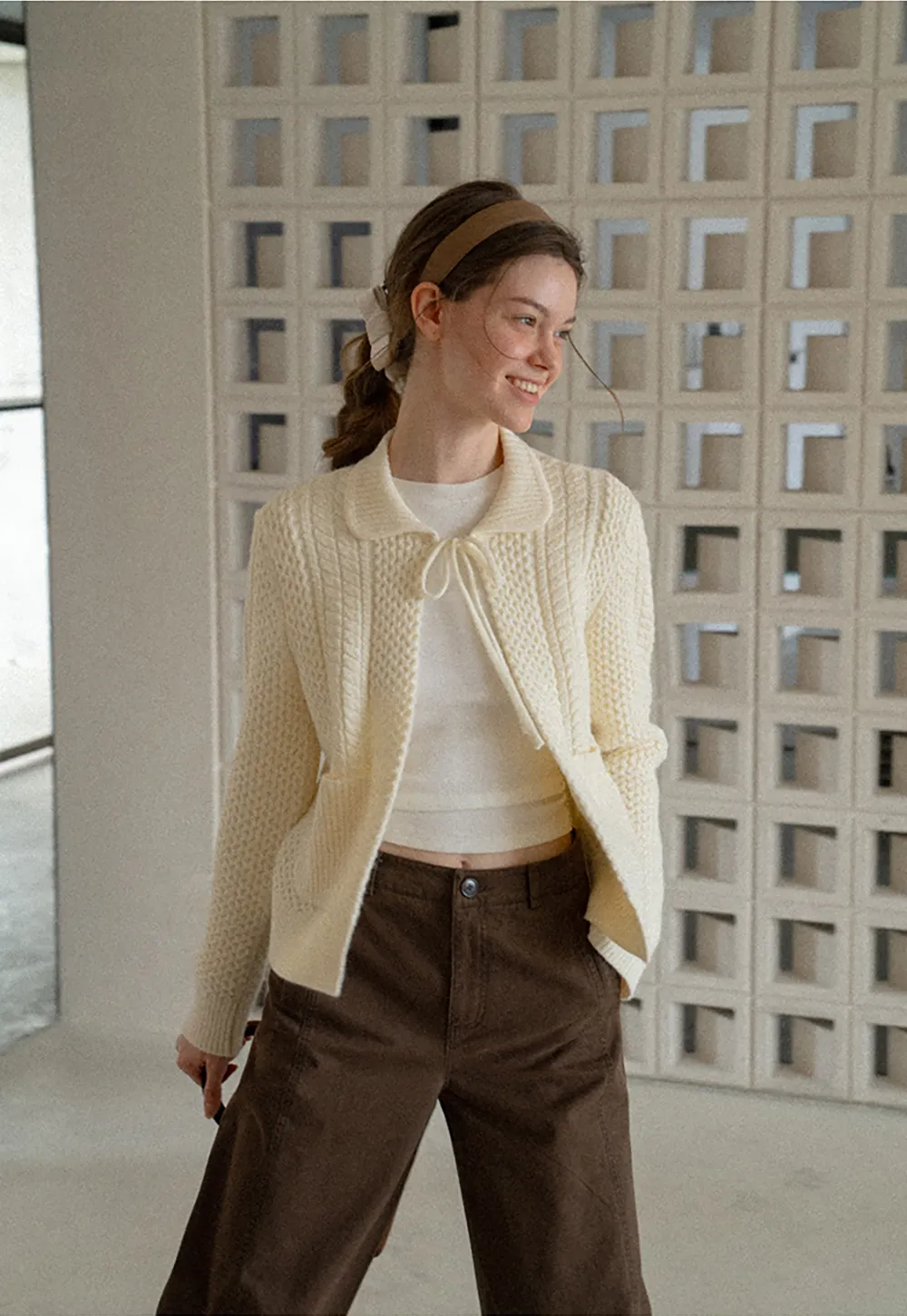 Cropped Collar Knit Sweater with Drawstring Detail
