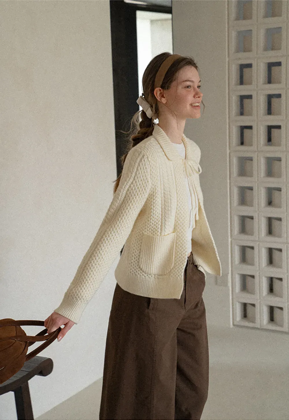 Cropped Collar Knit Sweater with Drawstring Detail