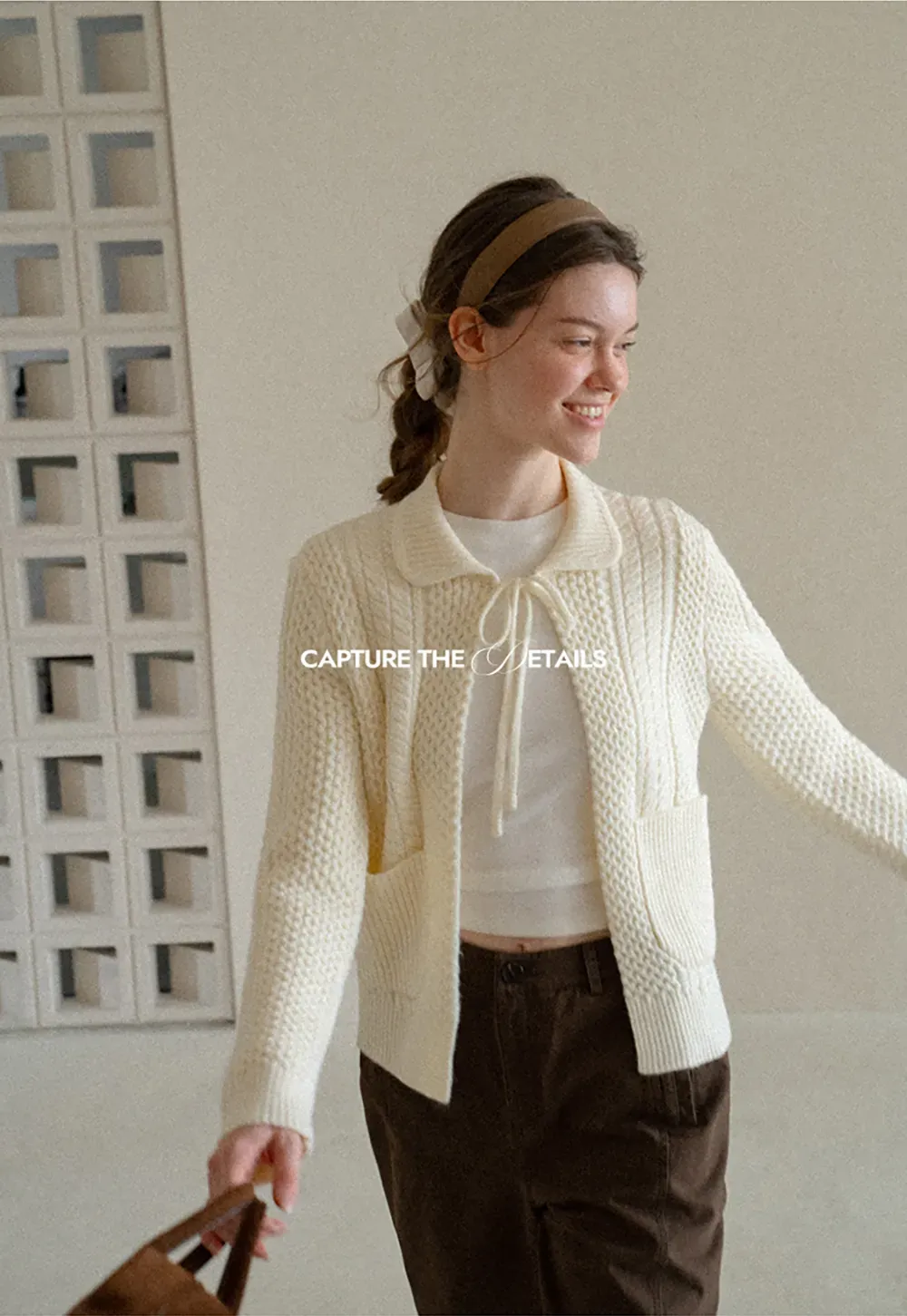 Cropped Collar Knit Sweater with Drawstring Detail