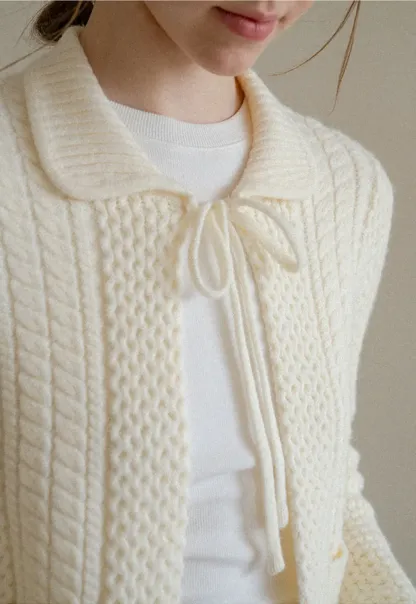 Cropped Collar Knit Sweater with Drawstring Detail