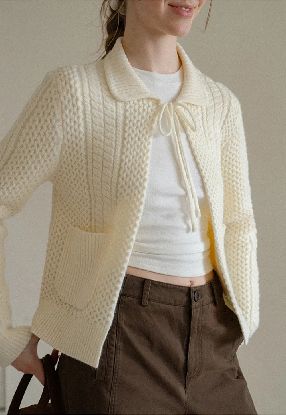 Cropped Collar Knit Sweater with Drawstring Detail