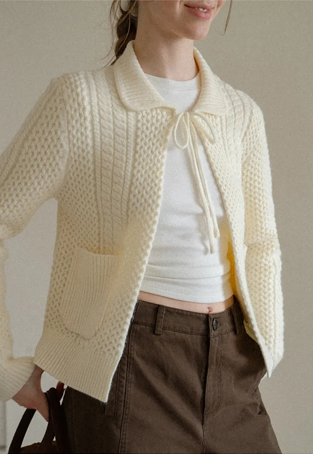 Cropped Collar Knit Sweater with Drawstring Detail