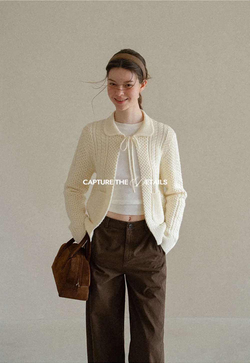 Cropped Collar Knit Sweater with Drawstring Detail