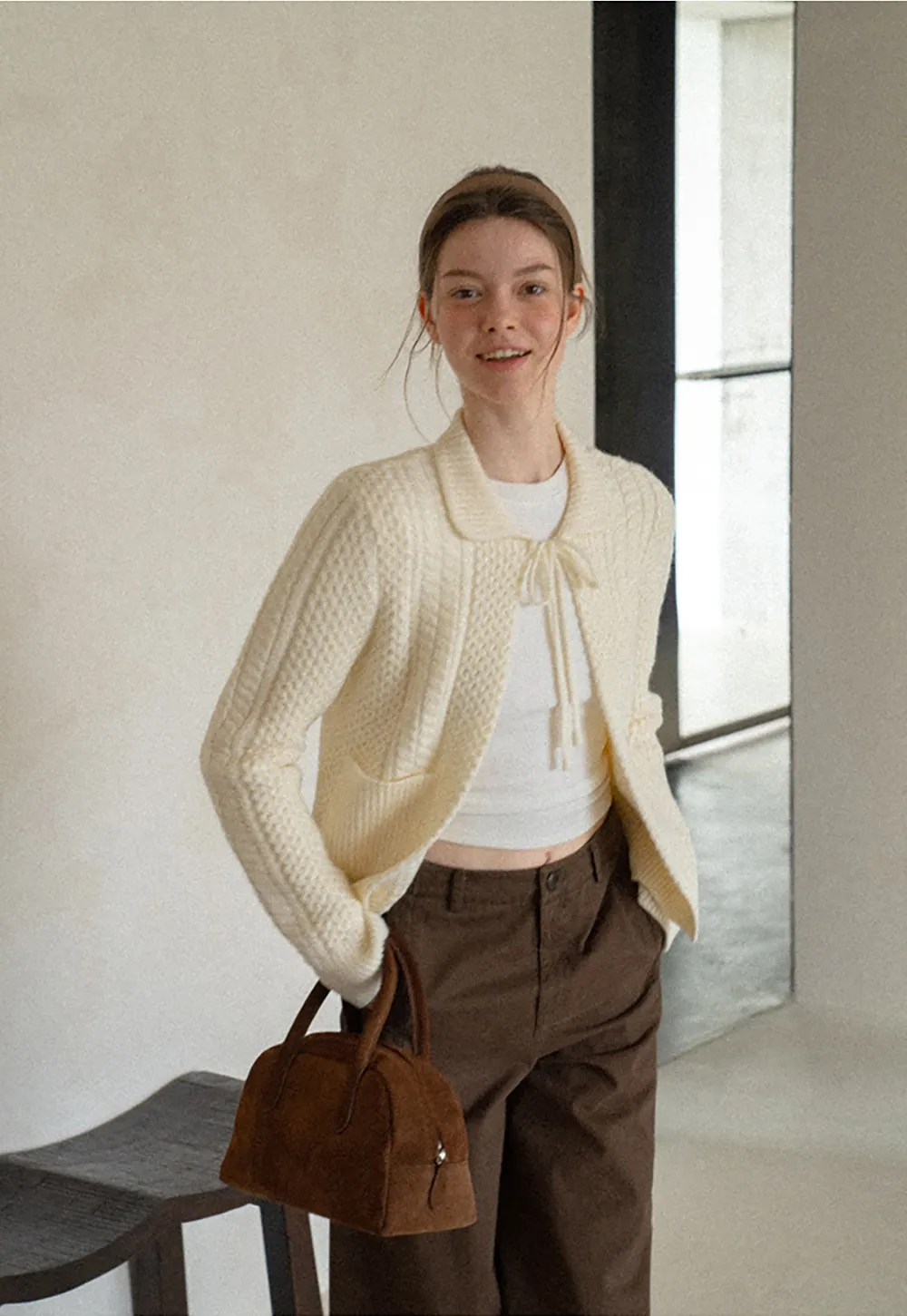Cropped Collar Knit Sweater with Drawstring Detail