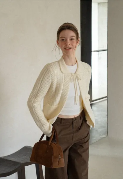 Cropped Collar Knit Sweater with Drawstring Detail