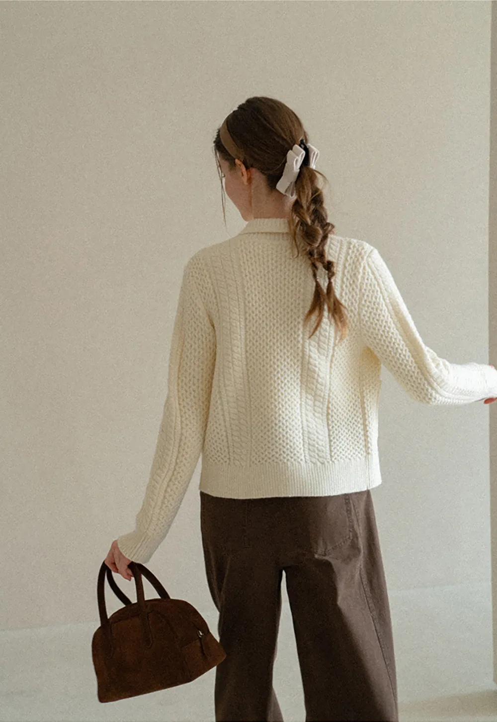 Cropped Collar Knit Sweater with Drawstring Detail