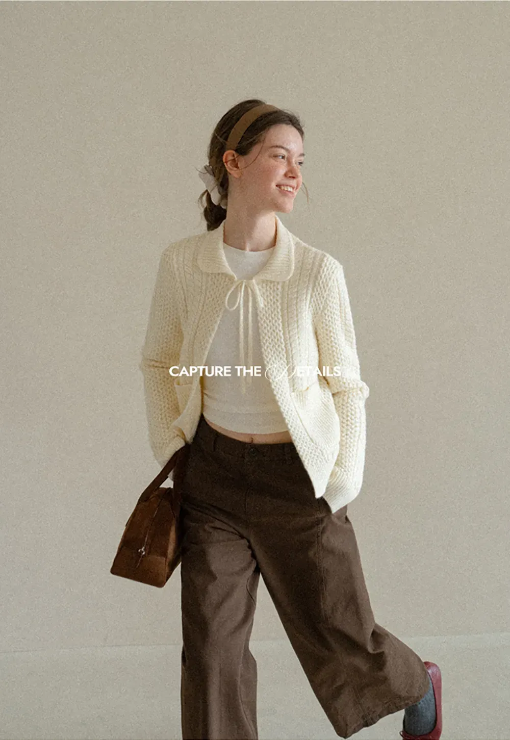 Cropped Collar Knit Sweater with Drawstring Detail