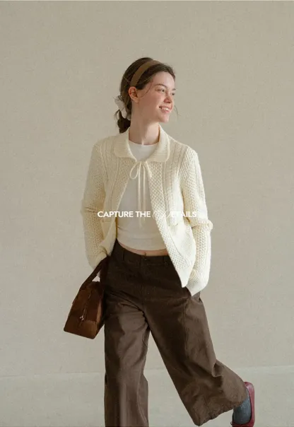 Cropped Collar Knit Sweater with Drawstring Detail