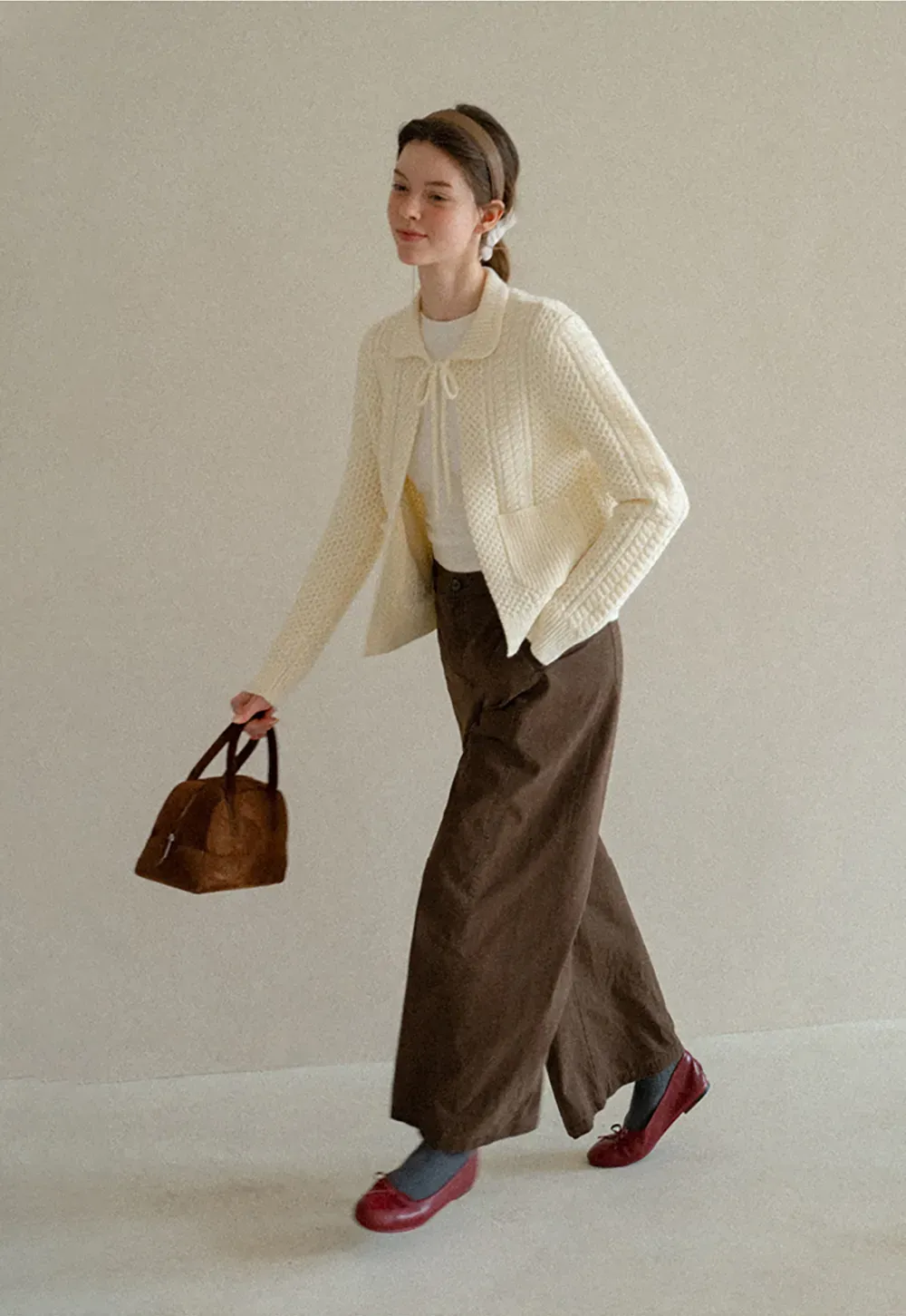 Cropped Collar Knit Sweater with Drawstring Detail