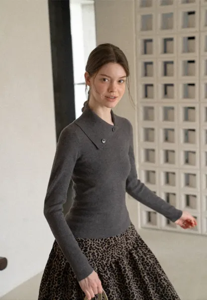 Asymmetrical Collar Wool Knit Sweater