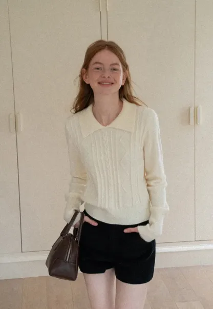 Cable Knit Collared Long Sleeve Woolen Knit Sweater
