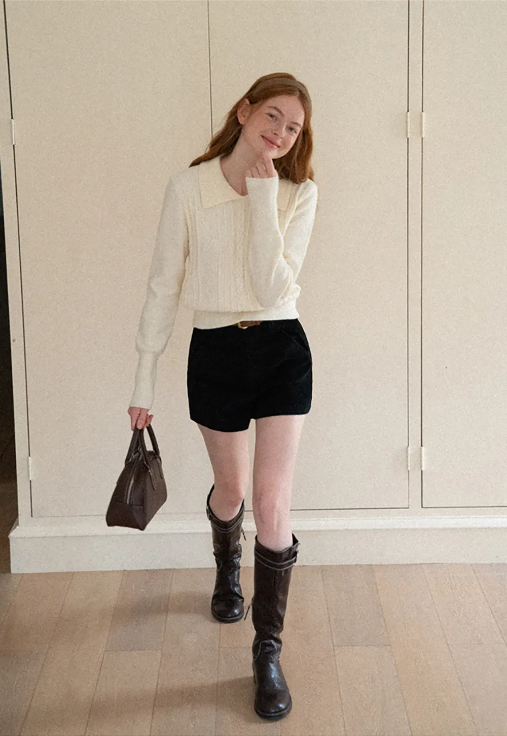 Cable Knit Collared Long Sleeve Woolen Knit Sweater