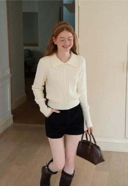 Cable Knit Collared Long Sleeve Woolen Knit Sweater