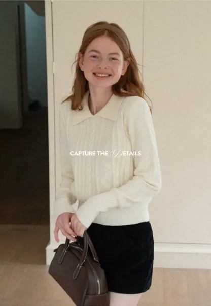 Cable Knit Collared Long Sleeve Woolen Knit Sweater
