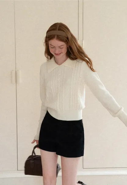 Cable Knit Collared Long Sleeve Woolen Knit Sweater