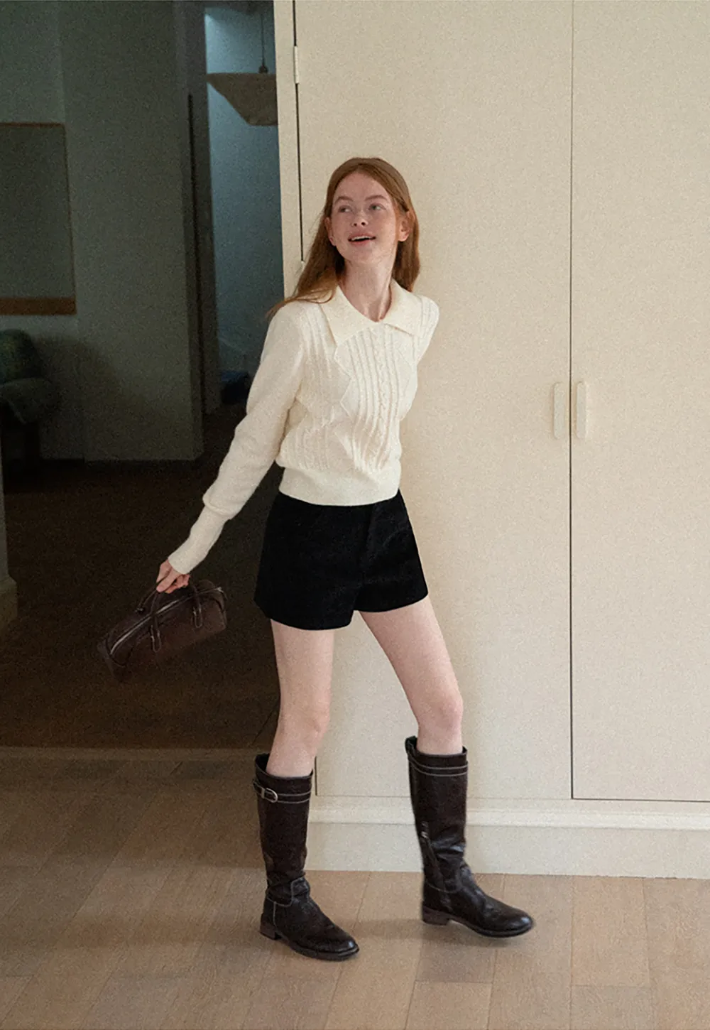 Cable Knit Collared Long Sleeve Woolen Knit Sweater
