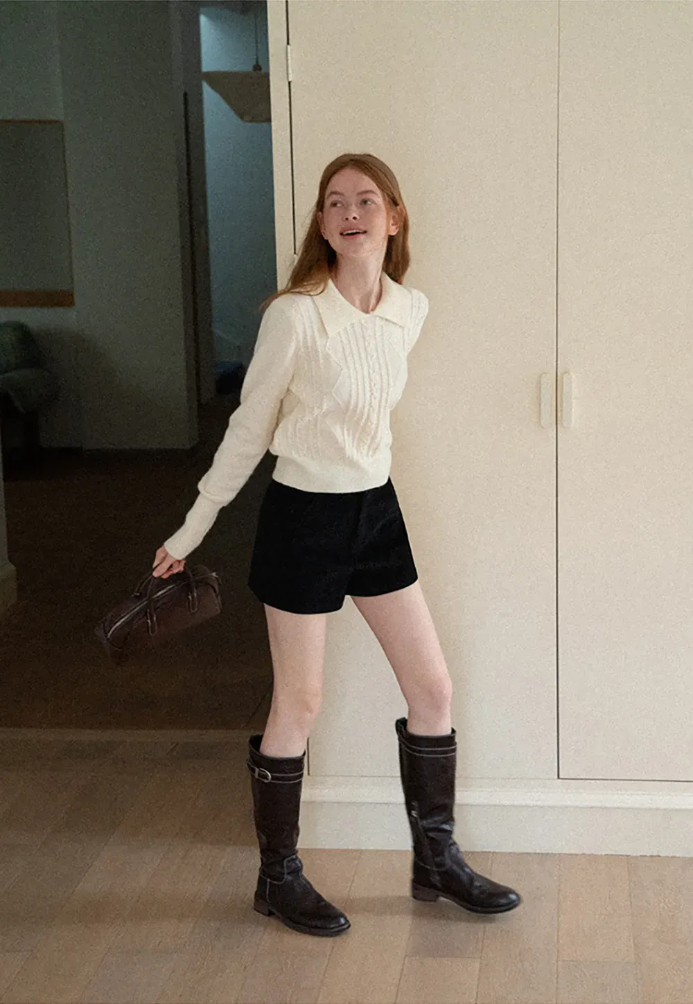 Cable Knit Collared Long Sleeve Woolen Knit Sweater