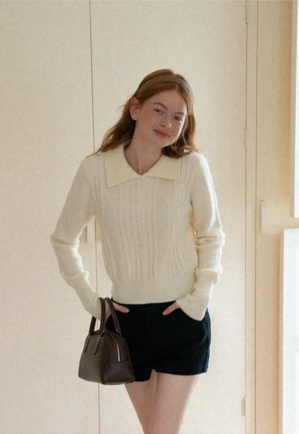 Cable Knit Collared Long Sleeve Woolen Knit Sweater