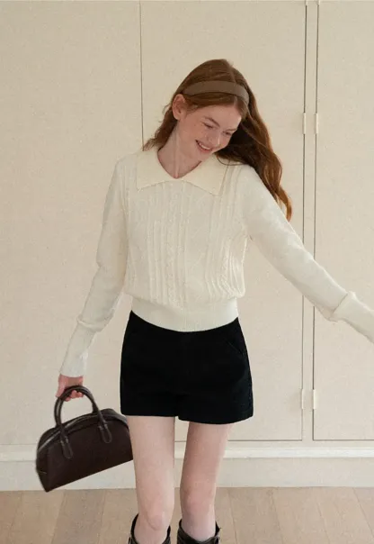 Cable Knit Collared Long Sleeve Woolen Knit Sweater