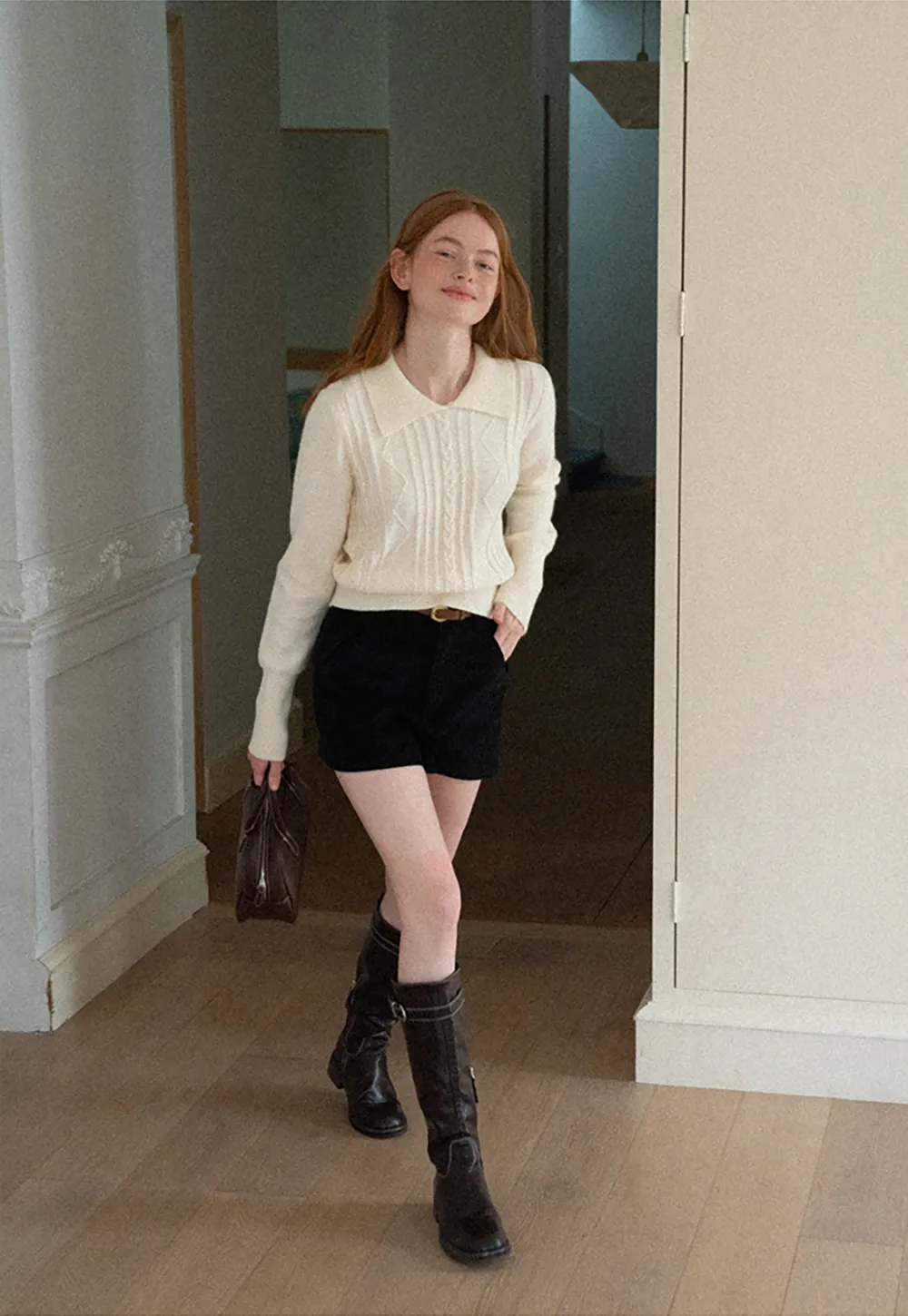 Cable Knit Collared Long Sleeve Woolen Knit Sweater