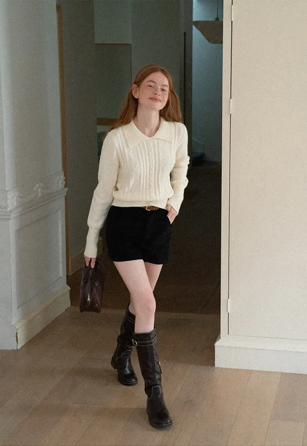 Cable Knit Collared Long Sleeve Woolen Knit Sweater
