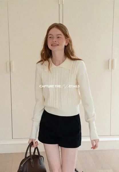 Cable Knit Collared Long Sleeve Woolen Knit Sweater