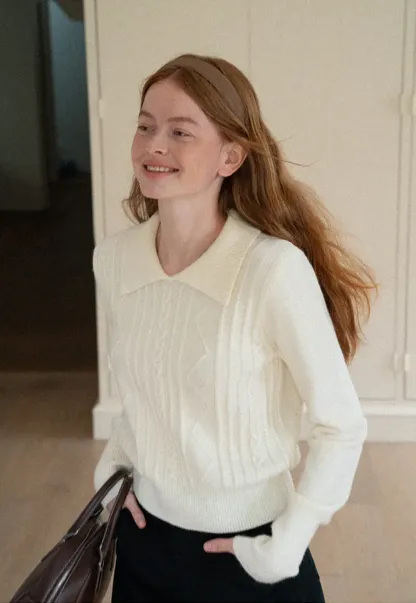 Cable Knit Collared Long Sleeve Woolen Knit Sweater