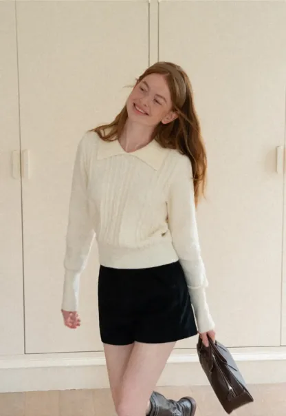 Cable Knit Collared Long Sleeve Woolen Knit Sweater