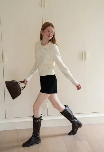 Cable Knit Collared Long Sleeve Woolen Knit Sweater