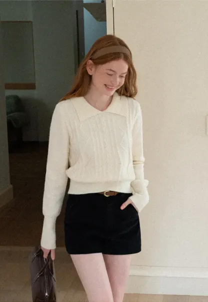Cable Knit Collared Long Sleeve Woolen Knit Sweater