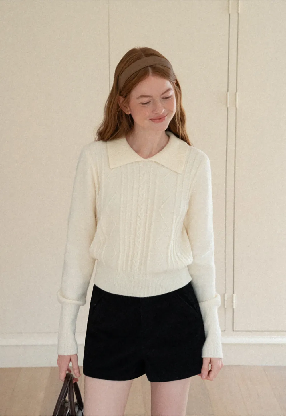 Cable Knit Collared Long Sleeve Woolen Knit Sweater