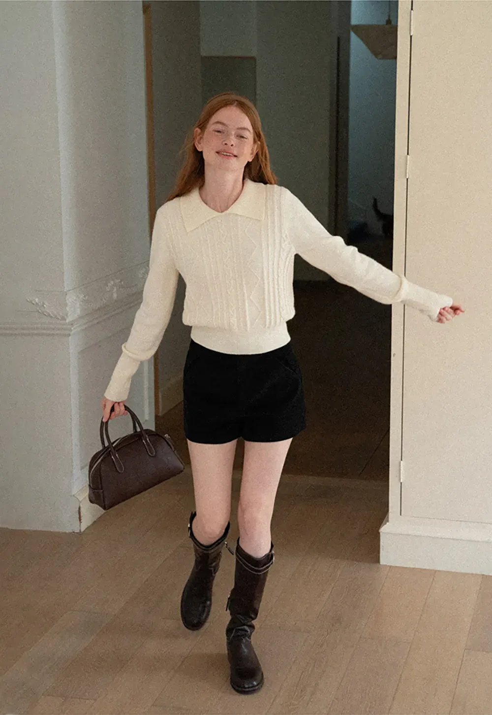 Cable Knit Collared Long Sleeve Woolen Knit Sweater