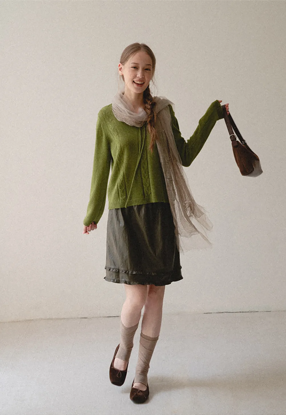 V Neck Drawstring Detail Woolen Knit Sweater