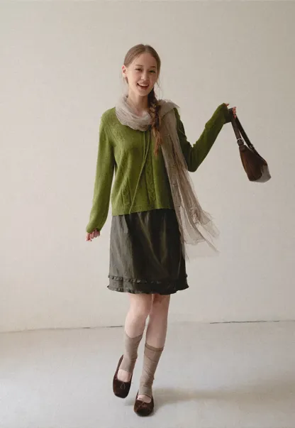 V Neck Drawstring Detail Woolen Knit Sweater