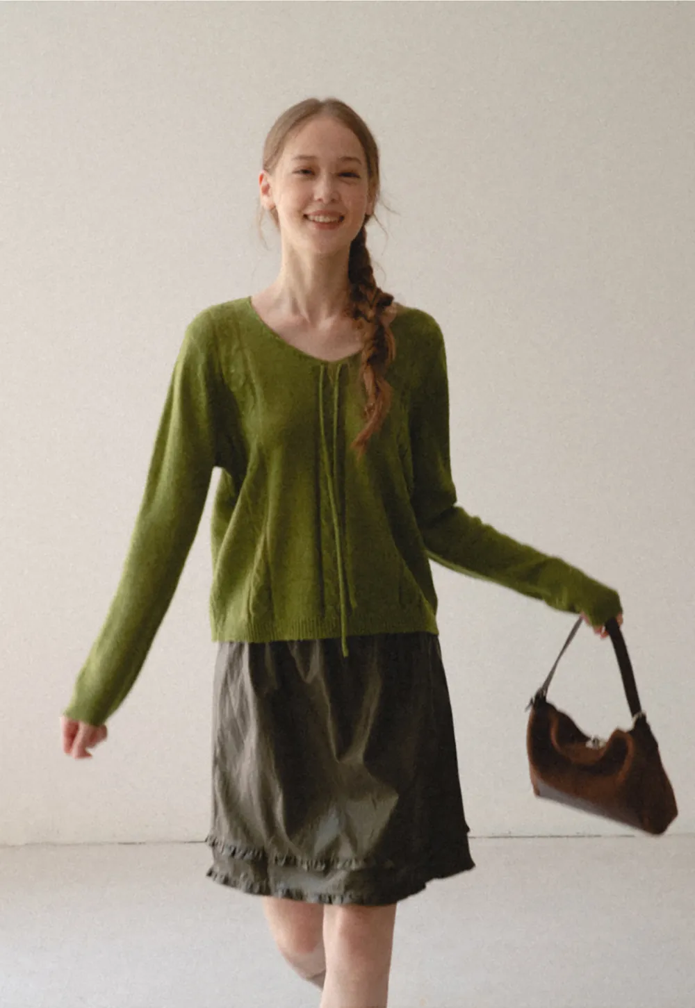 V Neck Drawstring Detail Woolen Knit Sweater