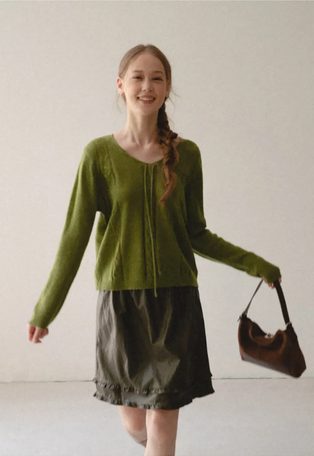 V Neck Drawstring Detail Woolen Knit Sweater