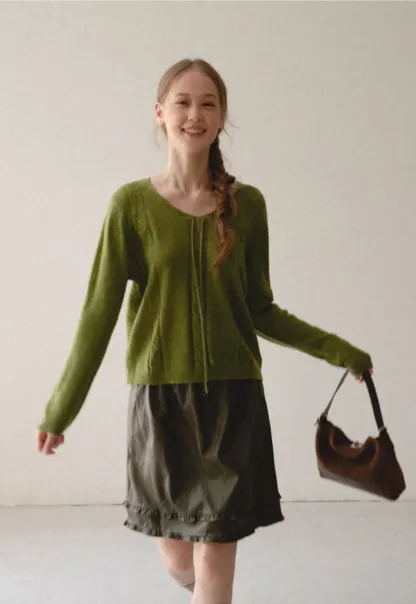 V Neck Drawstring Detail Woolen Knit Sweater