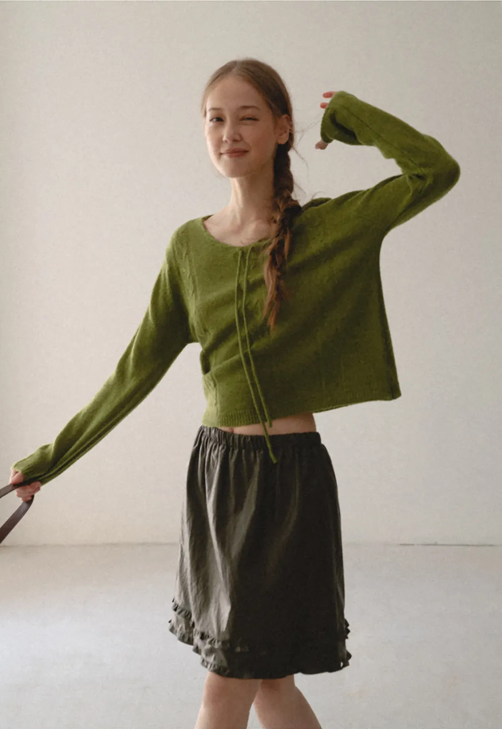 V Neck Drawstring Detail Woolen Knit Sweater