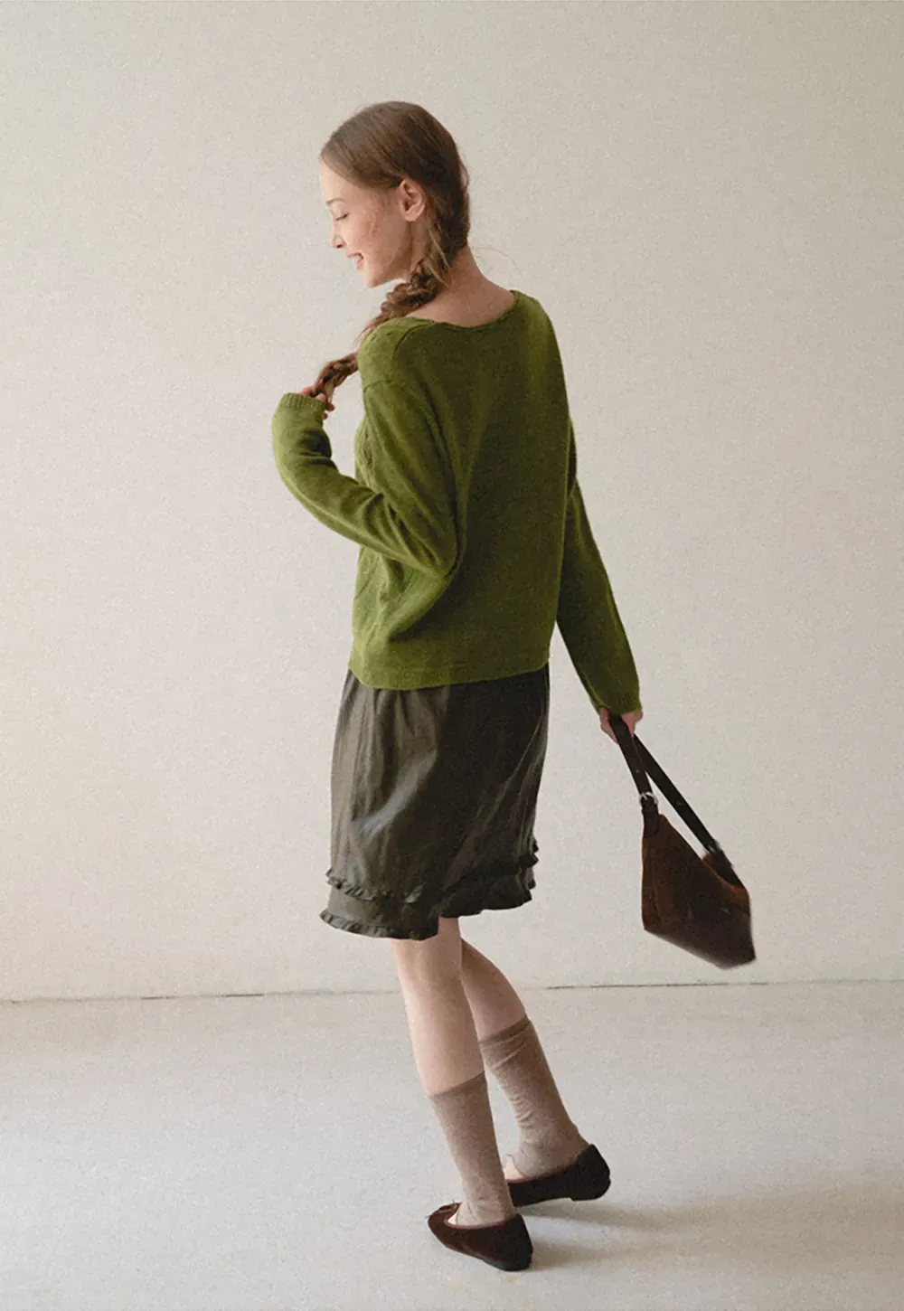 V Neck Drawstring Detail Woolen Knit Sweater