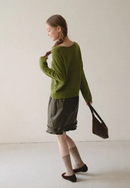 V Neck Drawstring Detail Woolen Knit Sweater