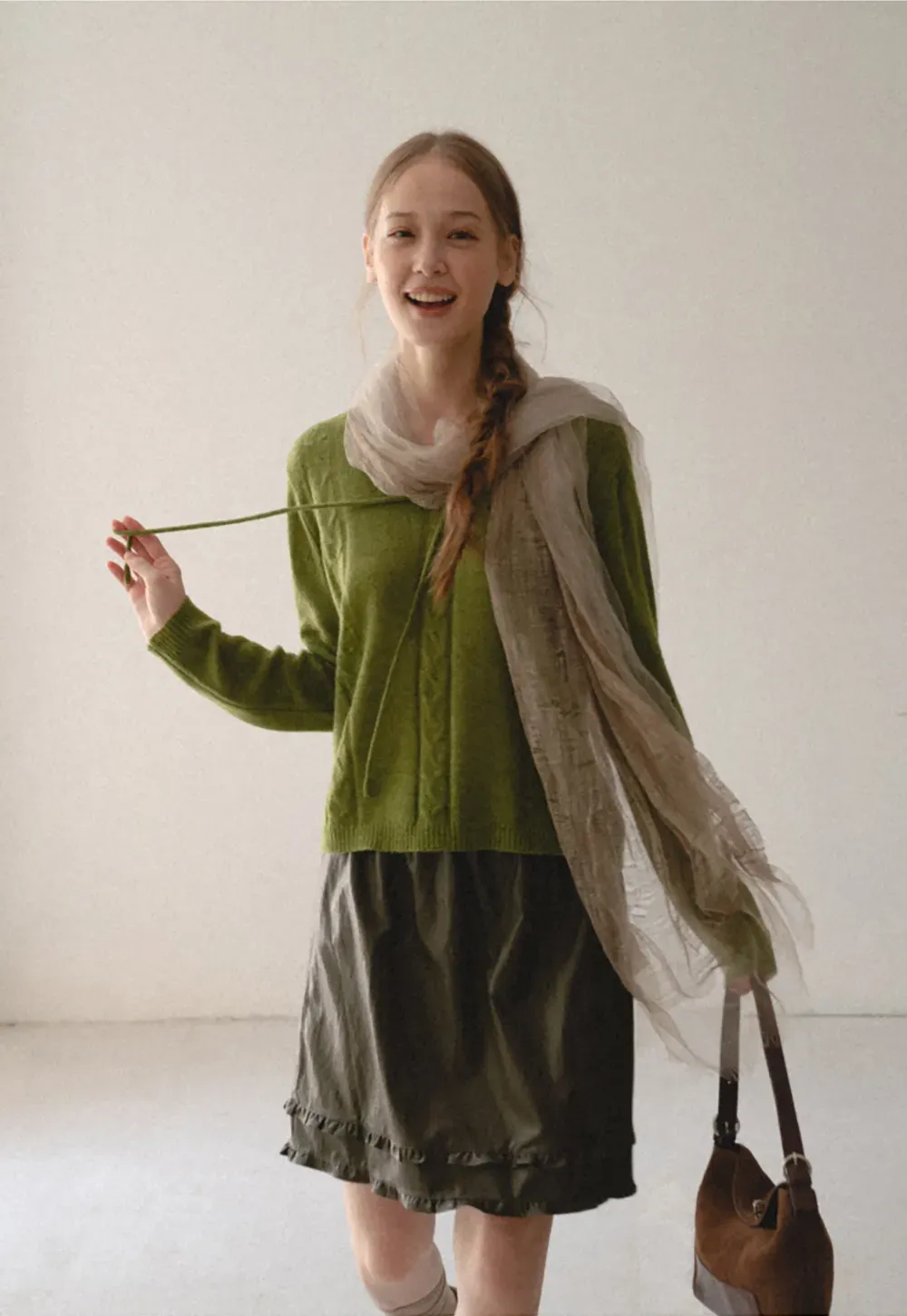 V Neck Drawstring Detail Woolen Knit Sweater